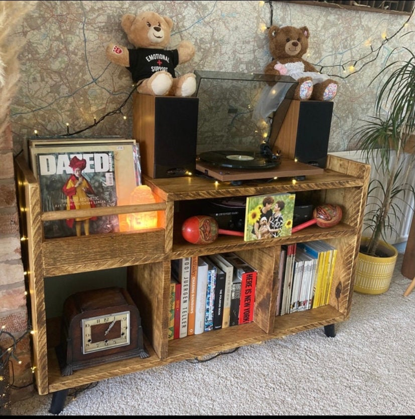 Rustic Vinyl Storage Unit with storage space for vinyl records, a flicking section for browsing, space for an amplifier and a deck for the turntable