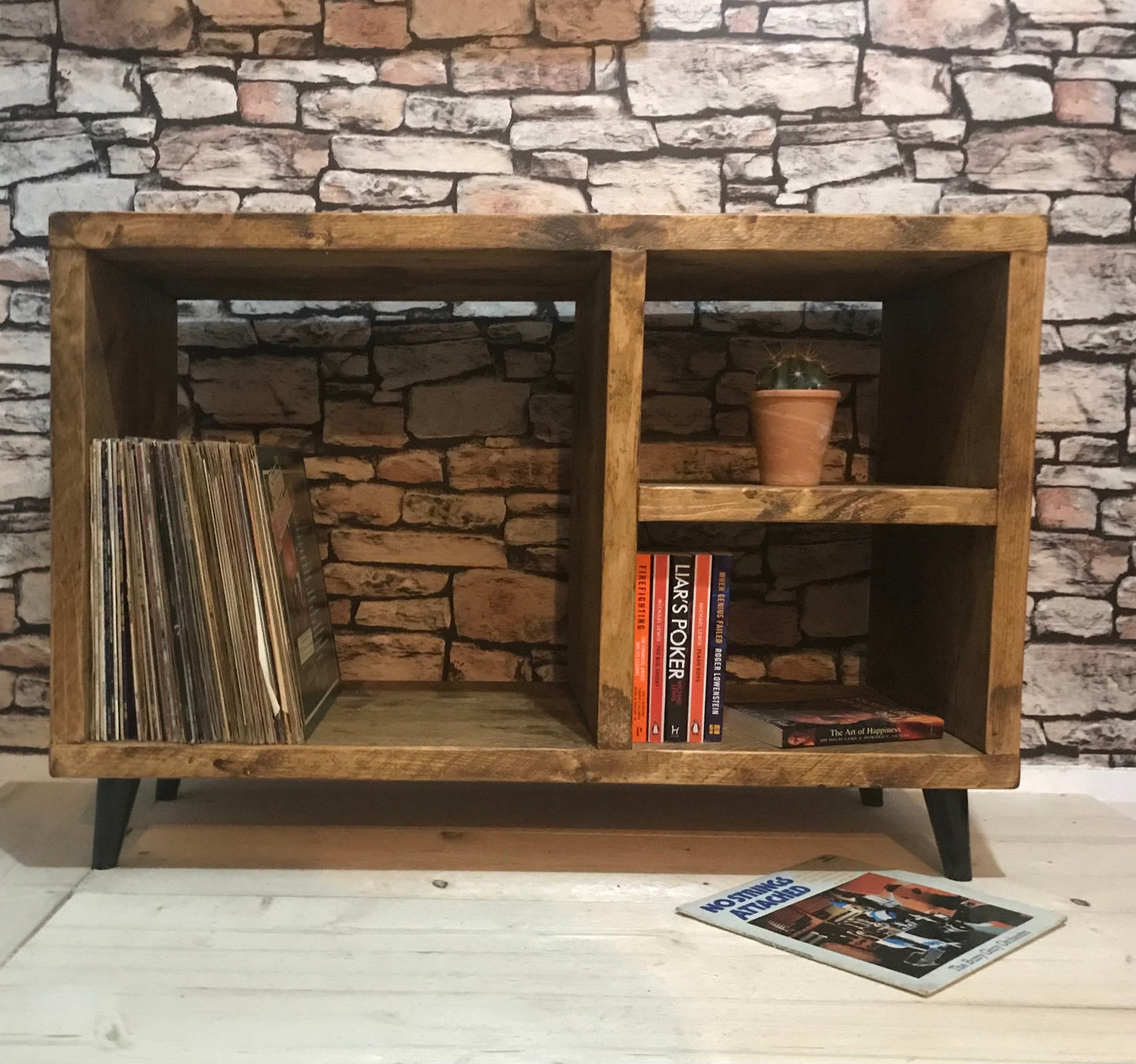 Vinyl record storage unit for albums with space for amp and turntable