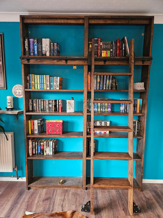 Wooden bookshelf against a blue wall with books and DVDs. Bookcase as a sliding ladder